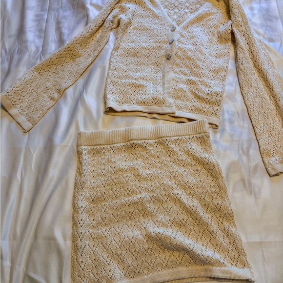 SHEIN Sweaters - Cream Crochet Knit Cardigan & Skirt Set